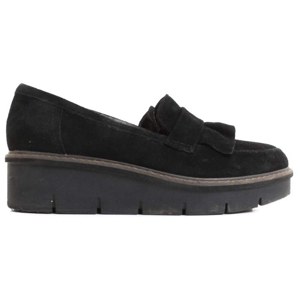 Clarks Women's 8 Airabell Slip On Tassle Loafer Black Suede Wedge Platform - Picture 4 of 10